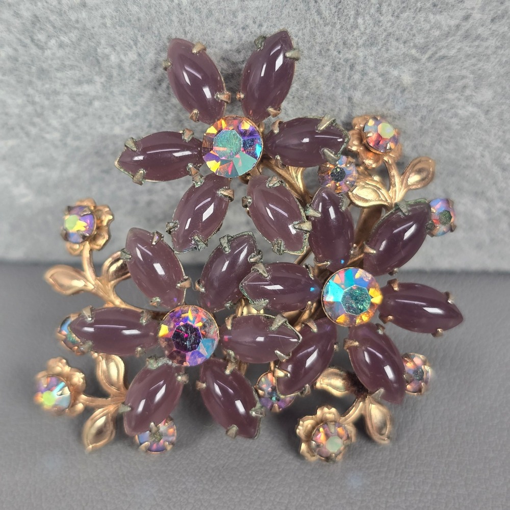 Vintage Marquise Flower Gold-Tone Pin Brooch Aurora Borealis Rhinestone Crystal